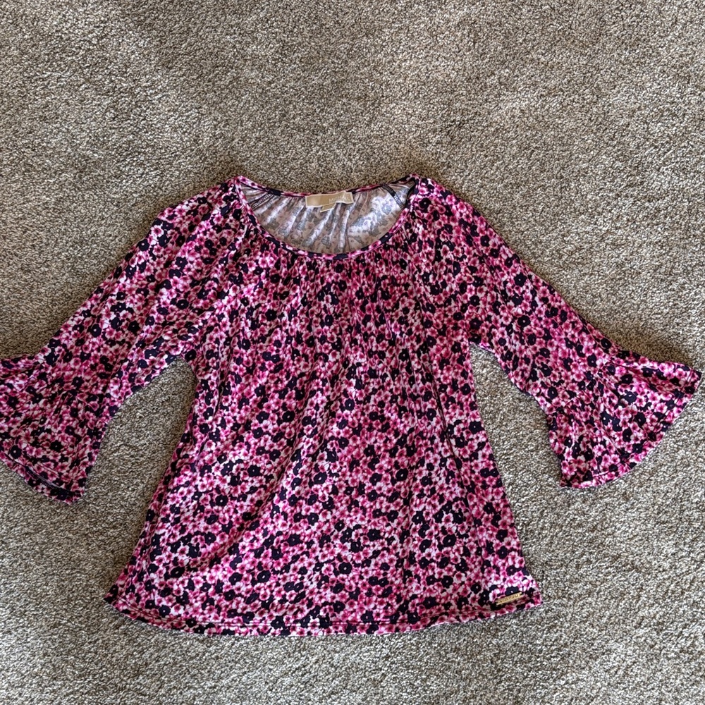 Michael Kors Pink/Navy Blue Floral Blouse 3/4 Bell Sleeves size Small